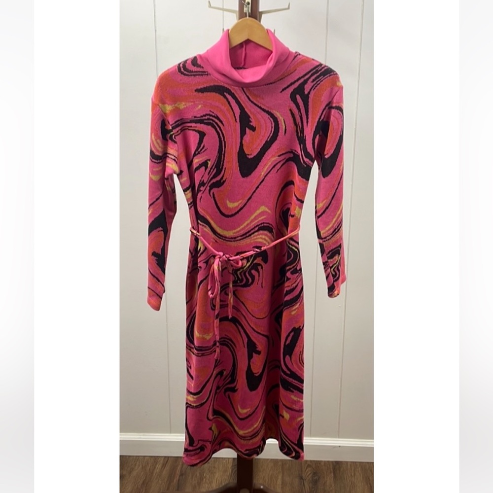 Zara Pink Jacquard Abstract Belted Midi Dress - Picture 6 of 10